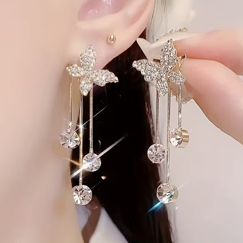Luxurious Shine] Elegant Butterfly Tassel Earrings with Sparkling Zirconia