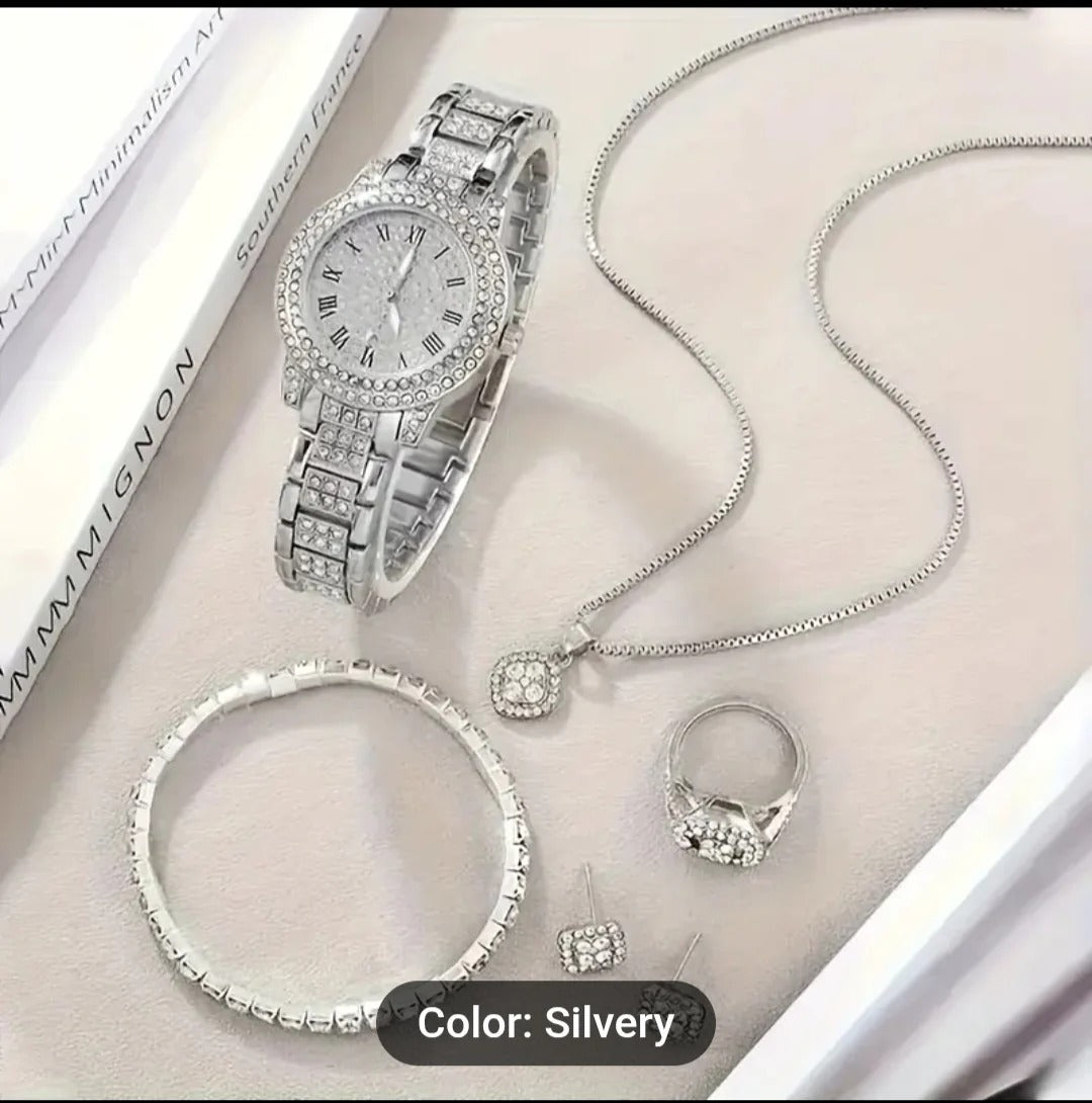 6pcs New Luxury Fashion Women'S Set + Elegant Rhinestone Jewelry Set.