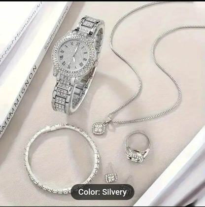 6pcs New Luxury Fashion Women'S Set + Elegant Rhinestone Jewelry Set.